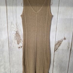 MSK V-Neck Ribbed Knit Midi Dress - Brown